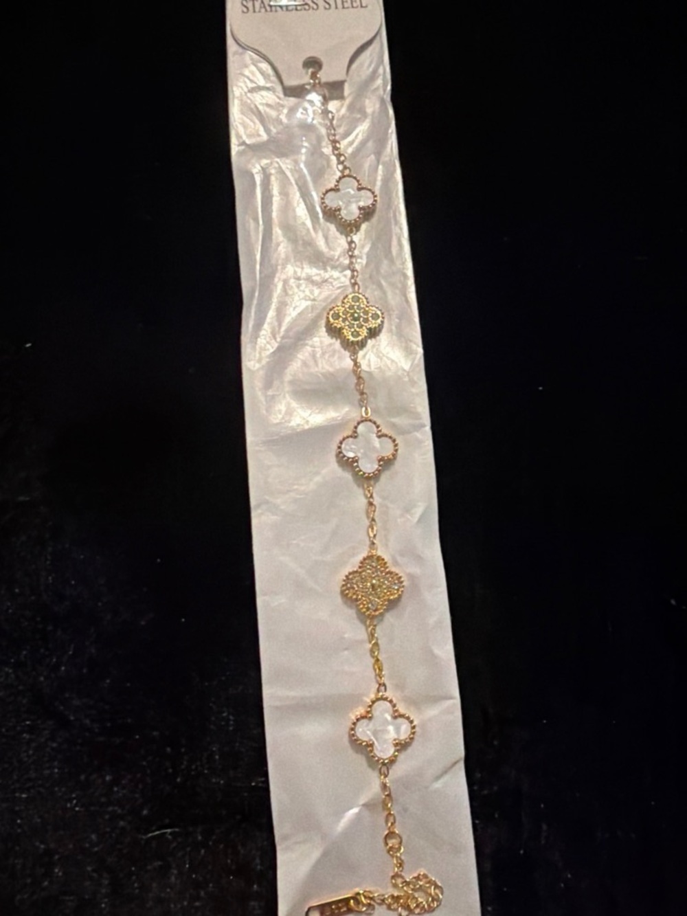 Gold Clover Link Bracelet with White Inlay